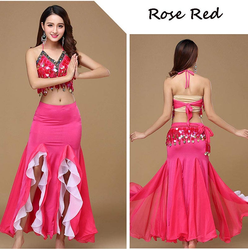 ORIDOOR Women's Belly Dance Dress Set - Rose Red - One Size Fits Most - Bra Top, Waist Belt & Chiffon Skirt - Hand Wash Only - Image 4